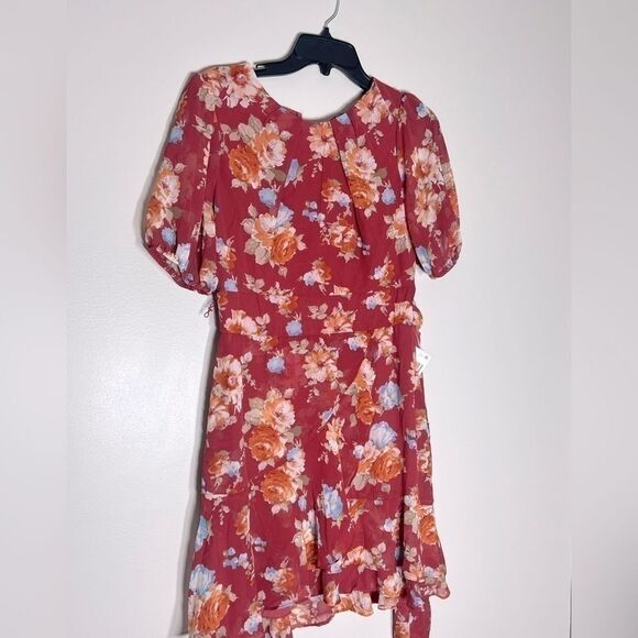 B DARLIN Juniors' Pleated-Neck Puff-Sleeve Dress Brick Multi New 9/10 - Picture 9 of 15